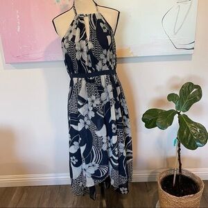 MODCLOTH Size L Floral Midi Dress Navy Blue White Halter Asymmetrical Hem.